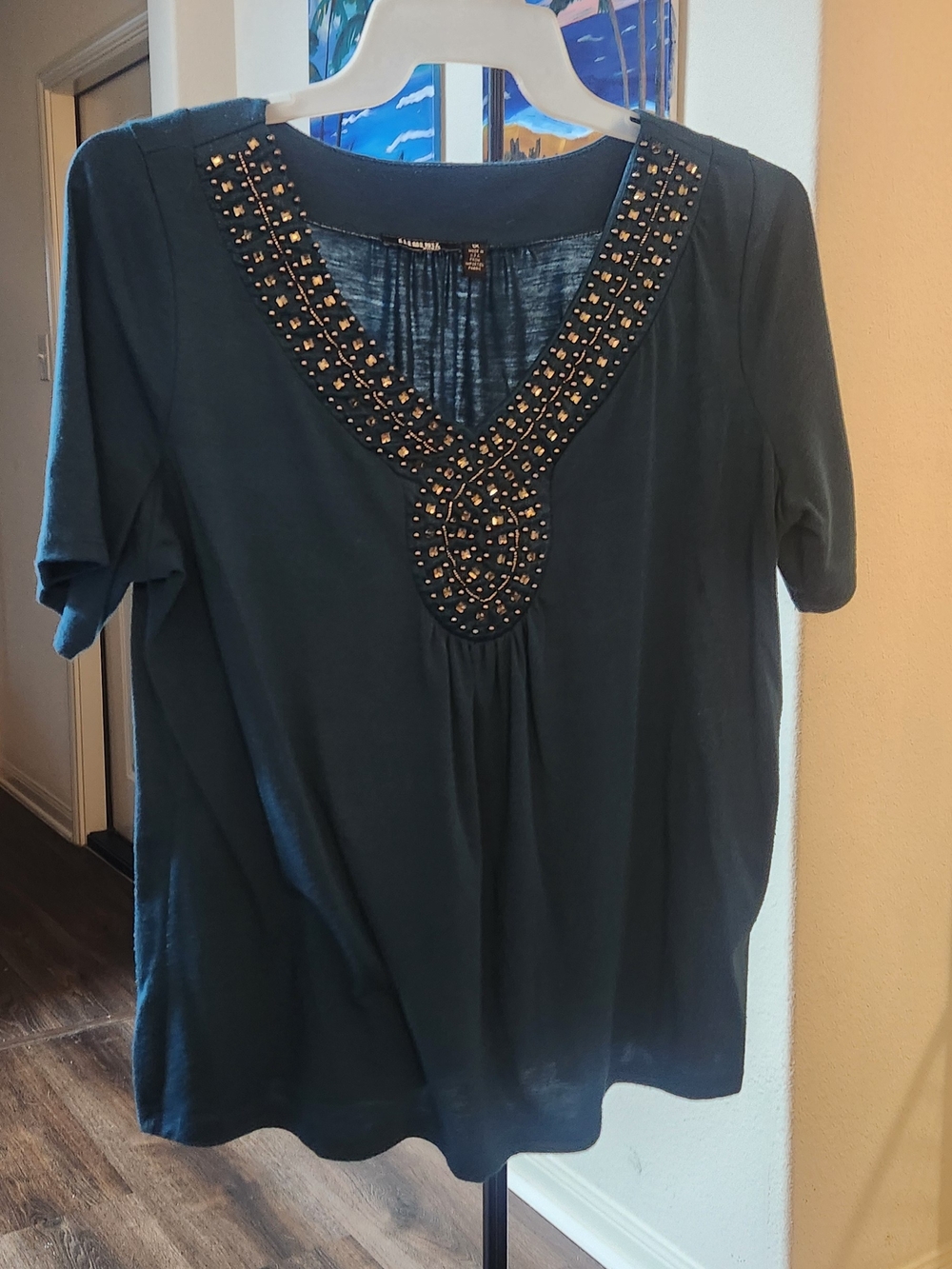 Elementz Teal Short Sleeve Tee with Beaded V-Neck